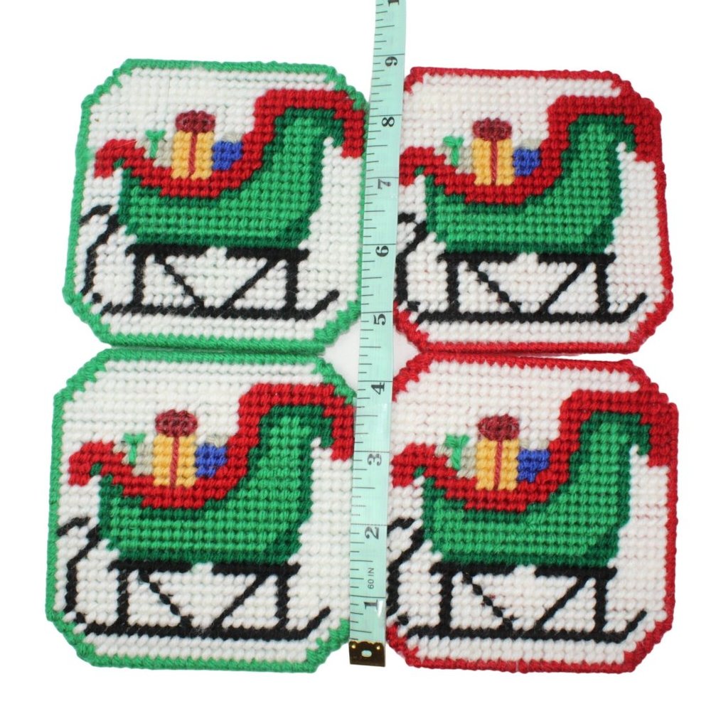 Handmade Christmas Sleigh Stitched Yarn Needlepoint Plastic Canvas Coasters - Picture 3 of 3